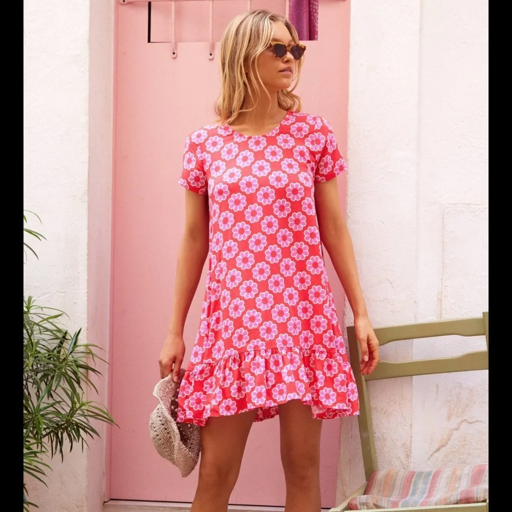 NWT Mister Zimi Klare Dress in Abstract Leaf Print Pink Ruffle Sz 8 AUS 4 US - Picture 7 of 7